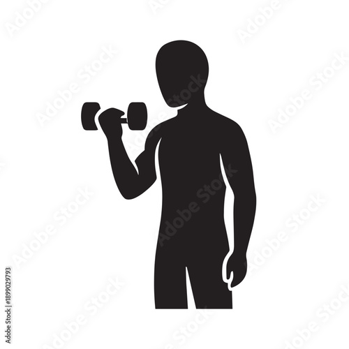 Black silhouette of a person lifting a dumbbell with white background