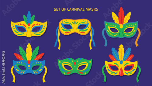 Colorful Set of Carnival Masks for Festivals and Masquerade Party