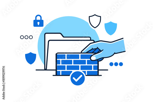 Data security concept: hand accessing file protected by firewall and shields