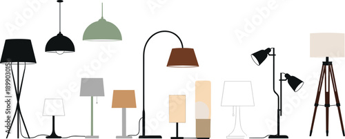 Modern lamp collection illustration, floor table desk pendant lights set, interior lighting design, minimal home decor, flat vector isolated style