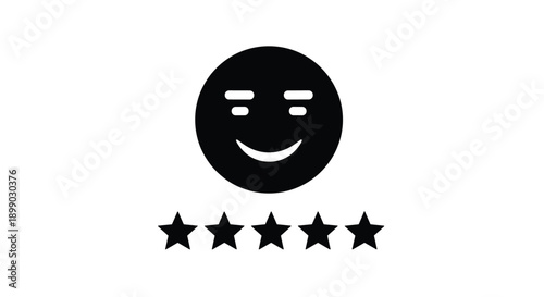 Black and white vector icon of a happy smiling face with five stars representing high customer satisfaction 