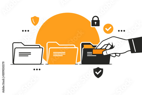 Hand accessing secure file folders with lock and shield icons