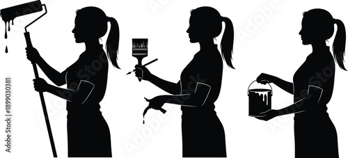 Black and white vector silhouette set of a woman painter using a roller, brush, and holding a bucket of paint.