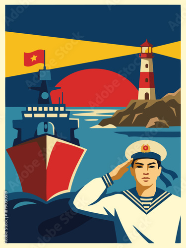 Patriotic Naval Sailor Saluting with Warship and Lighthouse at Sunset