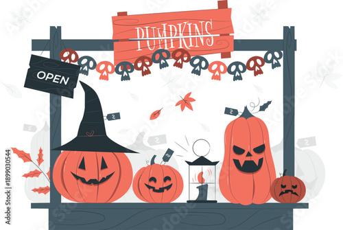 Vibrant Halloween pumpkin stall with festive decorations and open sign at a bustling market stall