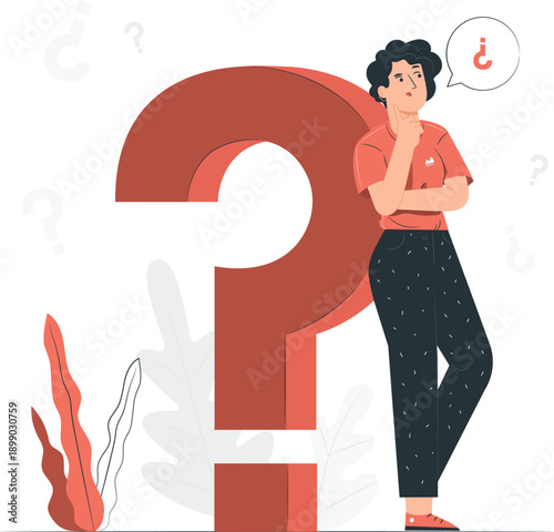 A young woman contemplating beside a giant red question mark surrounded by subtle question marks in the background