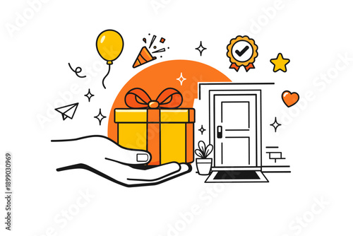 Hand offering gift box near doorstep with delivery icons