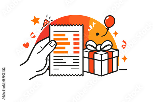 Hand holding receipt with gift box and celebratory elements in background