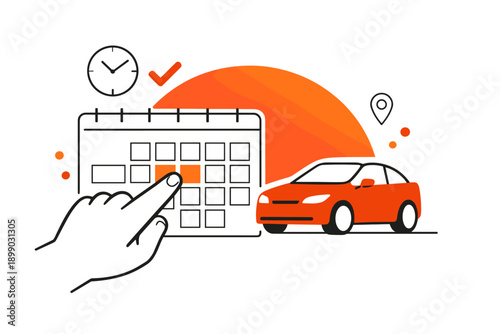 Online car rental booking concept with calendar, clock, and orange car illustration