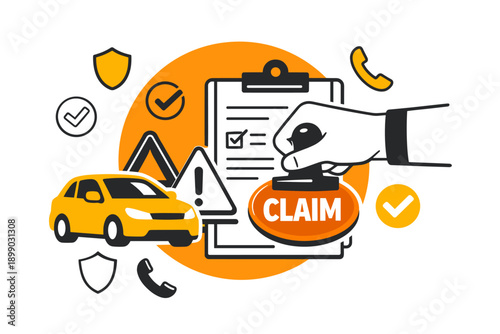 Car insurance claim process illustration with yellow vehicle and icons