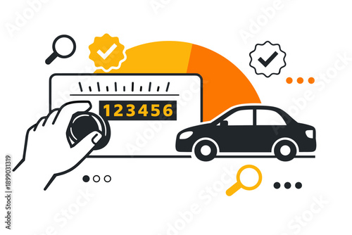 Vehicle odometer reading concept with car icon and magnifying glass