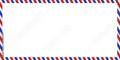 Airmail Envelope frame images with strips. International vintage letter border. Retro air mail postcard with blue and red stripes. Empty classic postal frame.