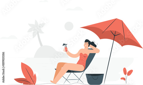 Woman relaxing on beach chair under umbrella during summer vacation illustration