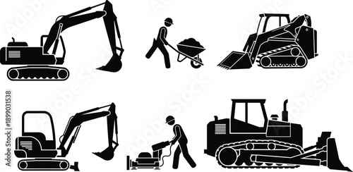 Construction Equipment Set with Heavy Machinery Excavator Bulldozer Skid Steer Loader and Workers Using Wheelbarrow and Jackhammer Silhouette Vector Icons