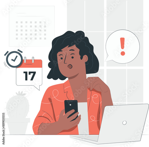 A worried woman checks her phone and laptop on a busy day at the office with a calendar reminder