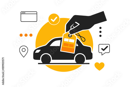 Hand holding car key with vehicle icons against yellow background