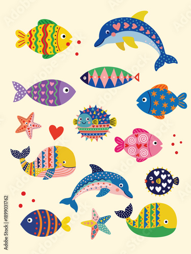 Decorative cartoon ocean animal characters with bright patterns and hearts