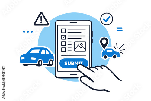 Online car insurance claim submission with smartphone illustration