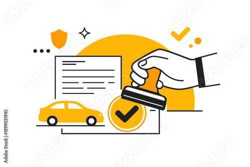 Vehicle approval process icon with car stamp and documents