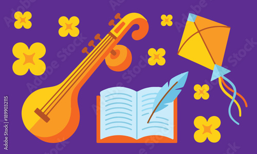 Vasant Panchami festival illustration with veena book kite and yellow flowers