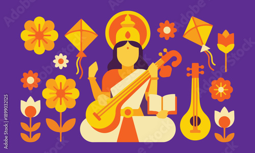 Flat vector illustration of Hindu Goddess Saraswati for Basant Panchami festival