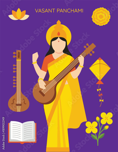 Goddess Saraswati with Veena and Book for Vasant Panchami Festival