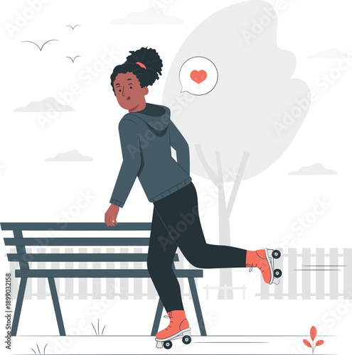 Young woman roller skating near a bench in a serene park with a heart symbol