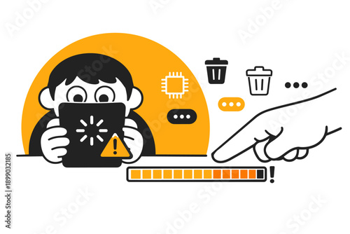 Child gaming warning illustration with device overuse alert and interactive elements