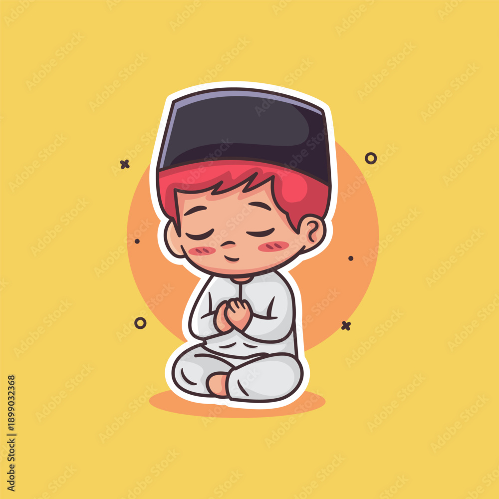 Obraz premium Cute Muslim Boy Praying Illustration with Peaceful Expression