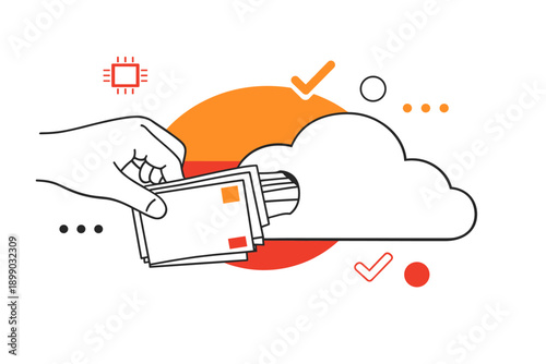 Hand placing money into cloud storage representing digital payment concept