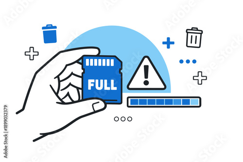 Hand holding full memory card with storage capacity warning symbols