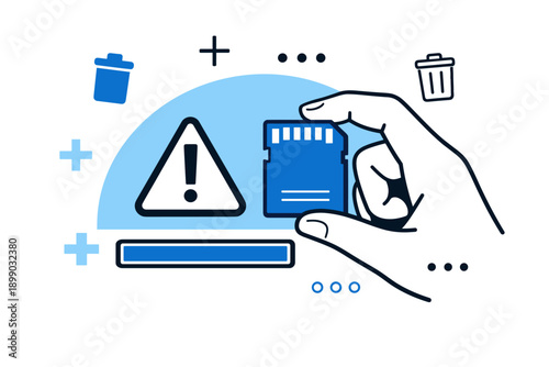 Hand holding sd card with data loss error warning icons in blue and white design