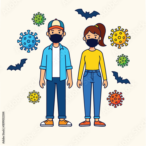 Man and woman wearing protective face masks surrounded by viruses and bats