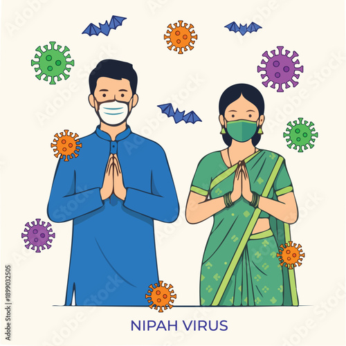 Indian couple wearing masks and doing namaste for Nipah virus awareness