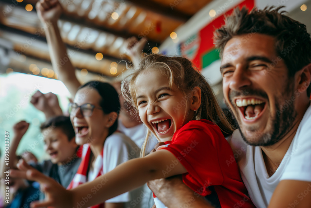 Fototapeta premium A family is watching a soccer game and the little girl is wearing a red shirt. soccer, football