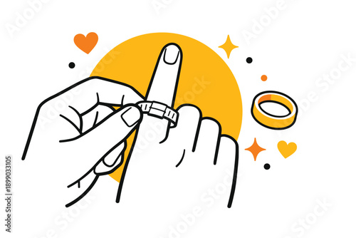 Cartoon hands exchanging wedding rings with hearts and stars