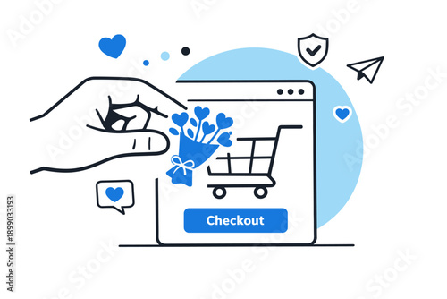 Online shopping checkout with heart icons and bouquet on screen