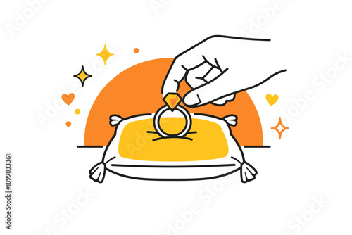 Hand placing engagement ring on pillow with sunset background