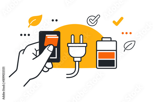 Eco-friendly energy concept with hand, plug, battery, and leaf icons