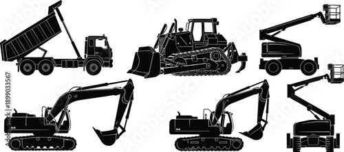 Construction Heavy Machinery Silhouette Set with Dump Truck Bulldozer Excavators and Boom Lifts Isolated on White Background for Industrial Vector Design