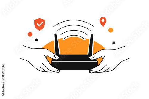 Hands holding wifi router with connectivity icons and orange background