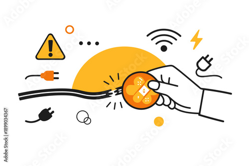 Repairing a severed power cable with hands and bandage icon
