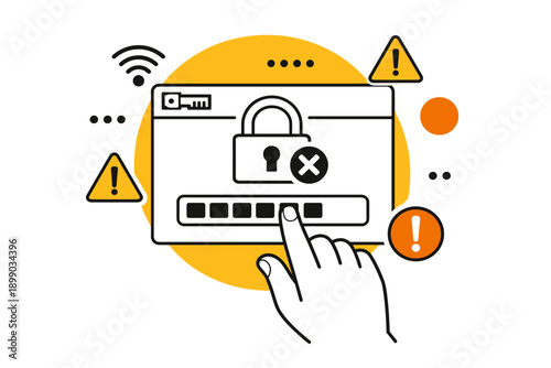 Cybersecurity alert: secure password entry with lock icon and warning signs