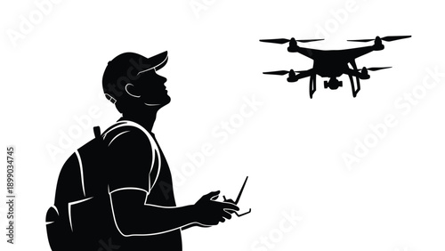 Silhouette of a young man wearing a cap and backpack operating a flying drone with a remote control device