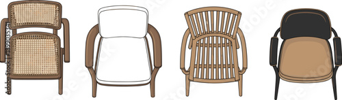 Modern wooden chair illustration set, top view seating design, furniture collection, interior decor, minimal flat style, vector, brown, office, home