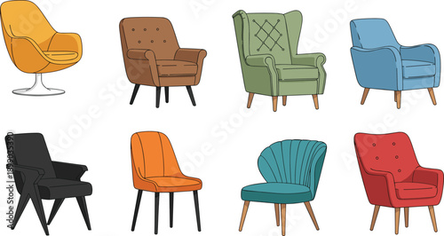 Modern, armchair, collection, illustration, colorful, upholstered, chairs, set, living, room, furniture, design, flat, vector, interior, home, decor, isolated, white, background
