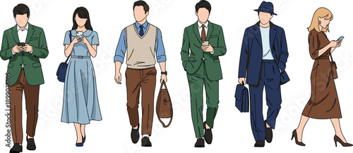 Modern, urban, business, people, walking, illustration, set, stylish, fashion, outfits, smartphone, usage, city, lifestyle, commute, vector, design, isolated, white, background