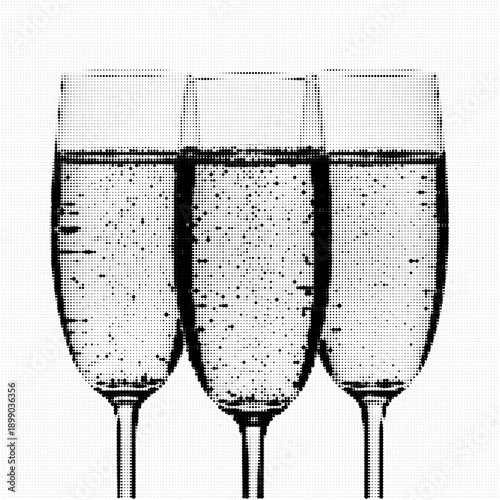 Three elegant champagne flutes with bubbling sparkling wine, black and white minimal glassware photography, celebration toast