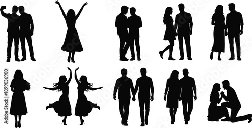 Human silhouettes, couples and individuals, romantic poses, dancing figures, love relationships, black silhouettes, people collection, isolated on white background