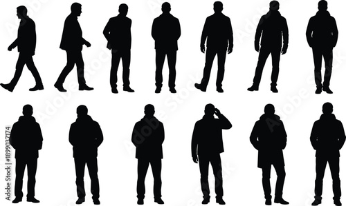 Male silhouette collection illustration, standing walking poses of men, casual clothing, black white vector characters isolated background set design people